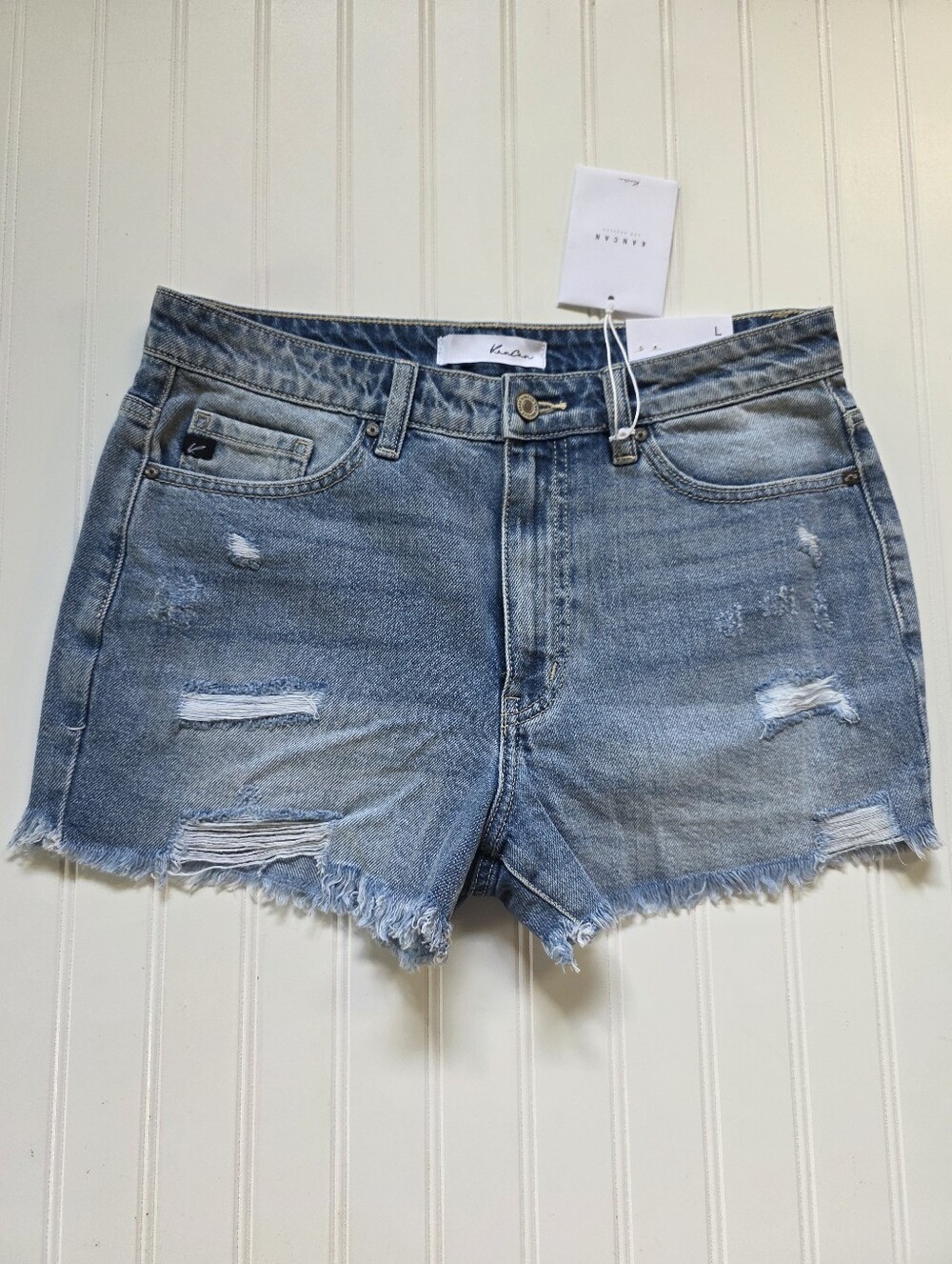 NWT KanCan Distressed Mid-Rise Denim Cutoff Shorts - Frayed Raw Hem - Size L